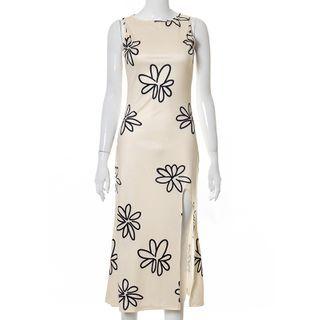 Sleeveless Open-back Floral Print Knit Midi Sheath Dress