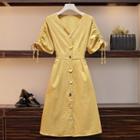 Short-sleeve Drawstring Buttoned A-line Dress
