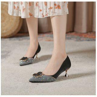 Flared Heel Rhinestone Pointed Pumps