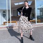 Long-sleeve Velvet Top / Floral Midi A-line Skirt