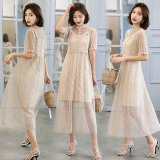 Set: Short-sleeve Midi A-line Lace Dress + Spaghetti Strap Dress