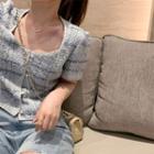 Short-sleeve Plaid Button-up Knit Top