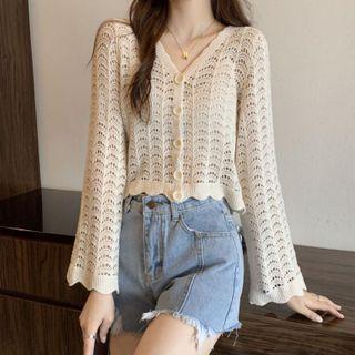 V-neck Plain Perforated Cropped Cardigan