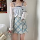 Long-sleeve Plain Cropped T-shirt / Ruffled Cardigan / Plaid A-line Mini Skirt