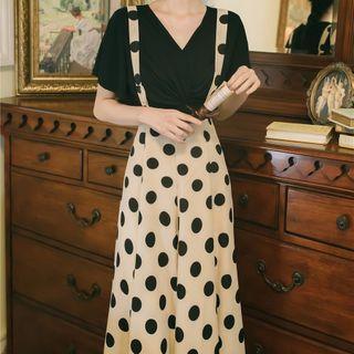 Set: V-neck Short-sleeve Top + Suspender Midi A-line Dress