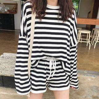 Set: Striped Long-sleeve T-shirt + Drawstring Waist Striped Shorts
