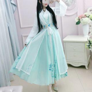 Set: Long-sleeve Embroidered Maxi Hanfu Dress + Light Jacket + Belt