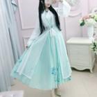 Set: Long-sleeve Embroidered Maxi Hanfu Dress + Light Jacket + Belt