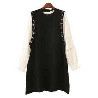 Set : Lace Long-sleeve Blouse + Studded Sleeveless Dress