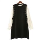 Set : Lace Long-sleeve Blouse + Studded Sleeveless Dress