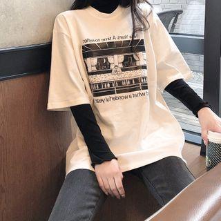 Set: Long Sleeve High Neck Top + Short Sleeve Printed T-shirt