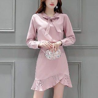 Set: Long-sleeve Tie-neck Blouse + Paneled Skirt