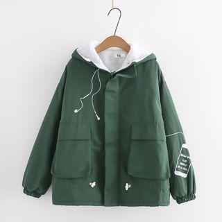 Lettering Embroidered Fleece-lined Hooded Zip Jacket