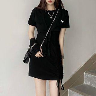 Set: Mini A-line Tank Dress + Short-sleeve Cropped Cardigan Black - One Size