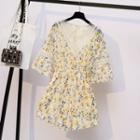 Elbow-sleeve Floral Print Lace Trim A-line Mini Dress
