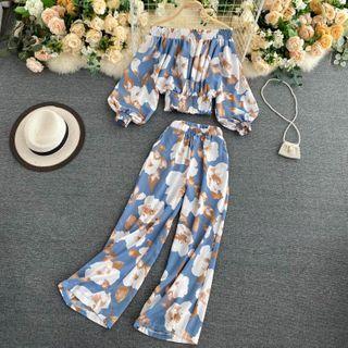 Set Of 2 : Print Off-shoulder Top + Print Wide-leg Pants