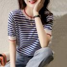 Short-sleeve Striped Knit Top Stripe - Blue - One Size