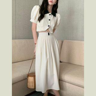 Set: Puff-sleeve Crop Shirt + Pleated A-line Skirt