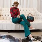 3/4-sleeve Floral Print Blouse / Boot-cut Dress Pants