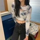 Long-sleeve Tie-dyed Cut-out Cropped Top As Shown In Figure - One Size