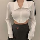 Long-sleeve Collared Zipped Cropped T-shirt