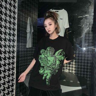 Angel Print Short-sleeve T-shirt Black - One Size