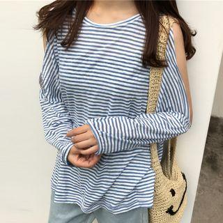 Stripe Open Shoulder Long-sleeve T-shirt