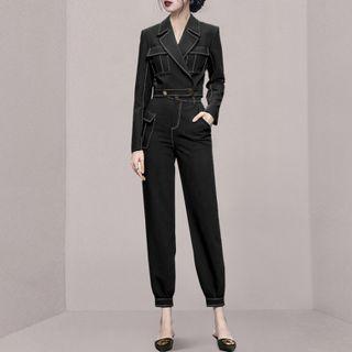 Set: Long-sleeve Cropped Blazer + Harem Pants