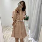 Short-sleeve Plaid Double Breasted A-line Mini Dress Pink - One Size