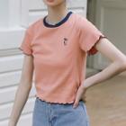 Cartoon Embroidered Lettuce Edge Short-sleeve Cropped T-shirt