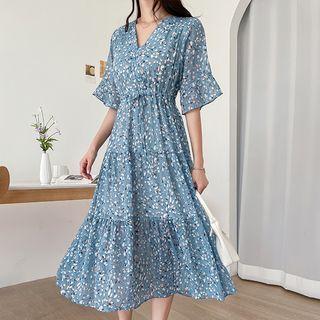Drawstring Shirred Floral Midi Dress