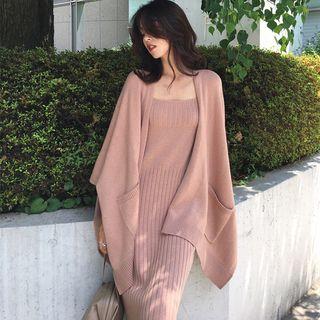 Set: Open-front Cardigan + Spaghetti Strap Midi Sheath Knit Dress
