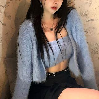 Set: Fluffy Cardigan + Tube Top Set Of 2 - Blue - One Size