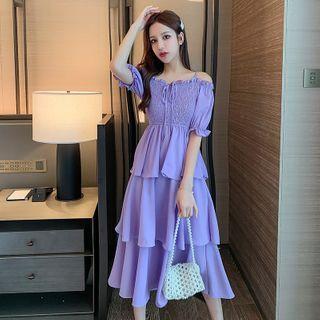 Off-shoulder Smocked Layered Dress