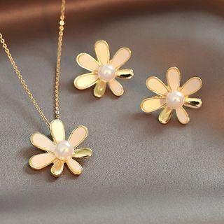 Faux Pearl Floral Stud Earring / Open Ring / Necklace