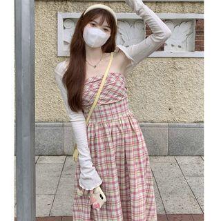 Long-sleeve Shrug / Plaid Tube Dress