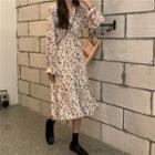 Long-sleeve Flower Print Midi A-line Dress Floral - White - One Size
