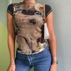 Cap-sleeve Abstract Print T-shirt