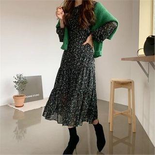 Tie-neck Frilled-trim Tiered Floral Dress Black - One Size