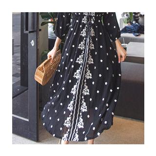 Drawstring-waist Embroidered Long Dress
