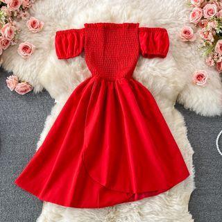 Off Shoulder Smocked Asymmetrical Dress