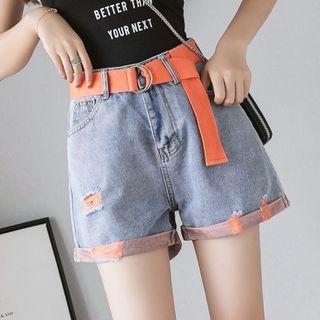 Contrast Color High-waist Denim Wide-leg Shorts