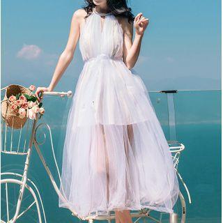 Halter Mesh A-line Midi Dress