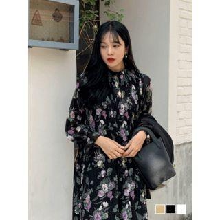 Frill-neck Accordion-pleat Long Floral Dress