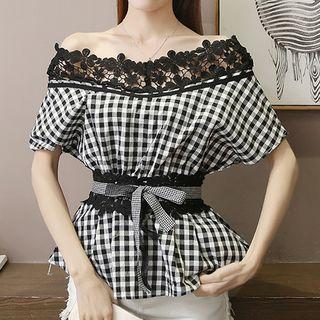 Short-sleeve Off Shoulder Check Top