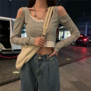 Cold-shoulder Inset Long-sleeve Crop Top