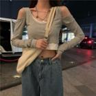 Cold-shoulder Inset Long-sleeve Crop Top