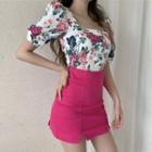 Floral Print Elbow-sleeve Blouse / Mini Pencil Skirt