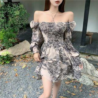 Cold-shoulder Printed Ruffled A-line Dress