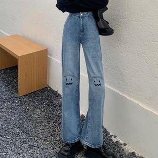Smiley Face Embroidered Bootcut Cropped Jeans